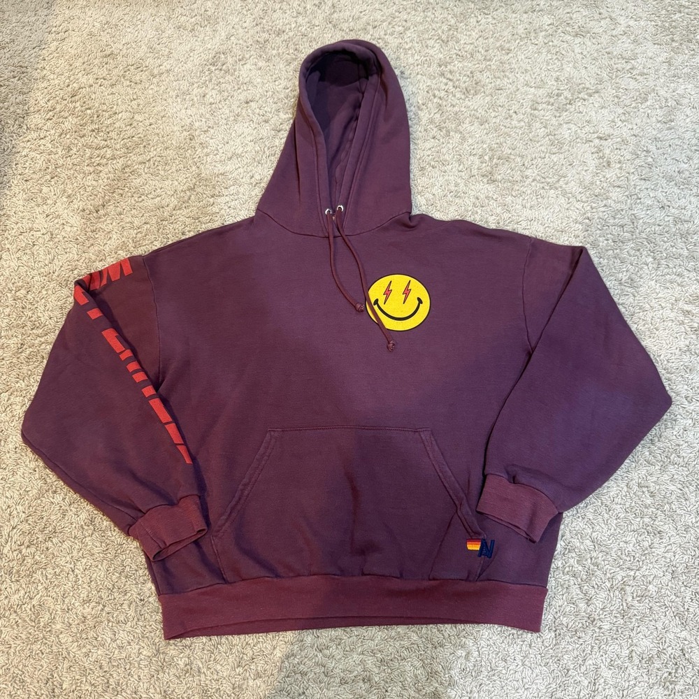 Aviator Nation Hoodie Mens S Burgundy Dreamland Lightning Smiley Graphic Logo